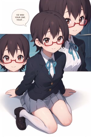 conceptual design, white background, 1girl, brown hair, short hair, small waist, school uniform, black jacket, white shirt, medium skirt, black stockings, smiling, full body, speech bubble, chullo, stars, red glasses, brown eyes. ,nodoka manabe