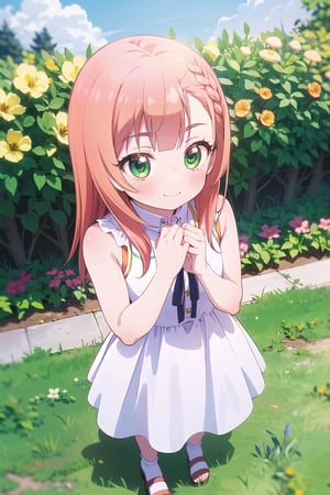 masterpiece, natsukawa aika, 1 girl, medium orange hair, green eyes, blushing cheeks, medium white dress, floral pattern, windy, garden, blue sky, from above, flowers in hair, mushrooms on the ground, happy, hands holding dress,