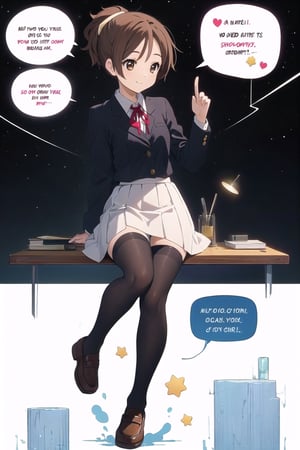 conceptual design, white background, 1girl, brown hair, short ponytail, small waist, school uniform, white shirt, medium skirt, black leg stockings, full body, smiling, speech bubble, stars, brown eyes.