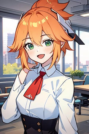 fanny, green eyes, short ponytail hair, orange hair, upper body, happy, excited, smiling, shy, white shirt aspirants, indoors room, masterpiece, black color and line details,