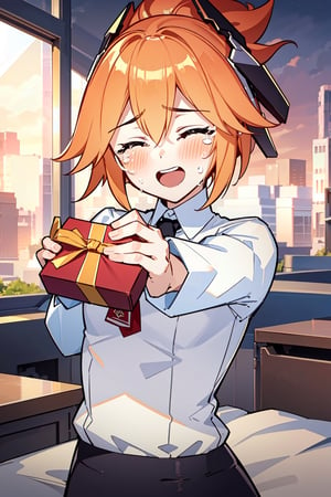 fanny, sad closed eyes, >∆<, short ponytail, orange hair, upper body, enthusiastic, shy, hugging gift box, crying pose, tears, open mouth, white shirt aspirants, slim waist, masterpiece, background At night in the bedroom, starry sky