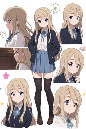 conceptual design, white background, 1girl, blonde hair, long hair, small waist, dark blue jacket, school uniform, white shirt, medium skirt, black leg stockings, full body, smiling, speech bubble, stars, eyes black.,tsumugi kotobuki,