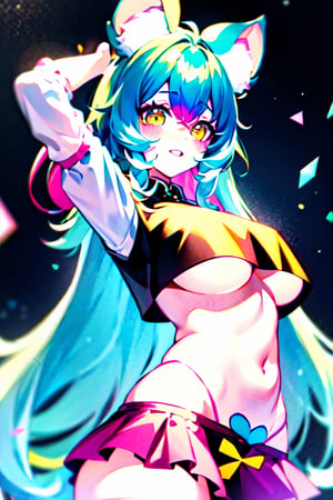 ChessiVT,  Vtuber, virtual youtuber, 1girl,  | yellow eyes |, | long hair | , blue hair, pink hair, multicolored hair, hair bow,  mouse ears,  | mouse tail |, mouse girl, upper teeth, pov_eye_contact, looking of front, ,upshirt,underboob, sexy pose, underboob,crop shirt underboob