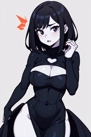 halloween_costume, girl, busty, cleavage_cutout, wide_hips, thin_waist, black_hair, pale_skin, black_eyes, orange_dress, seductive_pose,