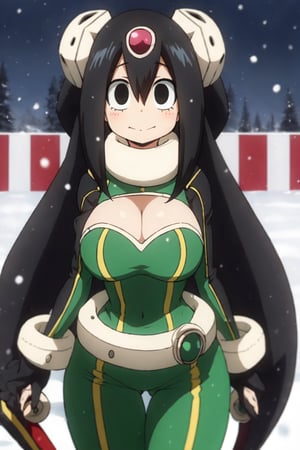 1girl, (Outdoor Background), (Masterpiece), standing_up,  big_breasts, winter, snow, wide hips, hourglass_figure, asui_tsuyu, Perona, black eyes, big butt, cleavage cutout, night,