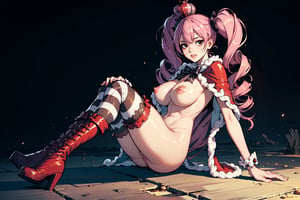 perona, 1girl, red capelet, pink bowtie, full body, (thick eyelid) , nude, red parted lips, huge breasts, twin drills, drill hair, long hair, pink military boots , twintails, smug, ((circular eyes)) , (black eyes:1.4)  , (outdoor background), (white and black striped stockings) day, (masterpiece), high res, best quality , refined lighting, topless, white skin, moonlight, night, large eyes, big butt, crawling, vagina, veiny skin, pubic hair,