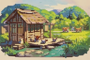 mountain,flower,cabin ,small animals,
