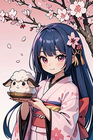 1main character sheep,(masterpiece, top quality, best quality, official art, beautiful and aesthetic:1.2), (1girl), extreme detailed,(fractal art:1.3),colorful,highest detailed,ppcp,r1ge, sakura, cherry_blossoms, pink kimono,Animé, sakura, kimono,,chibi