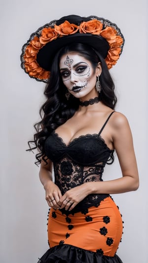 (Best quality, 8k, 32k, Masterpiece, UHD:1.2)

Full body portrait of a woman with Catrina makeup, dia de los muertos, day of the dead, white and black makeup emulating a skull. 

Wearing a gown, slim model, natural skin texture, black long curly hair, orange style eyes. 

Catrina,(PnMakeEnh)