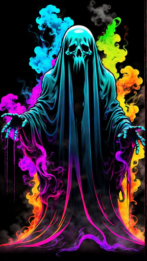 Vibrant colorful simple ghost made with smoke and a black dark back ground wallpaper ,cyberpunk style,more detail XL