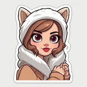 sticker, cartoon cute lady in fur scarf, (white background) 