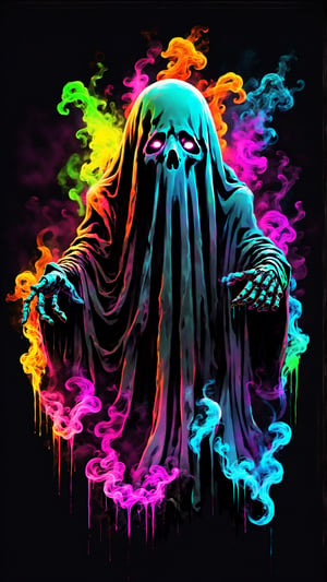 Vibrant colorful simple ghost made with smoke and a black dark back ground wallpaper ,cyberpunk style,more detail XL
