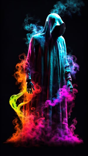 Vibrant colorful ghost made with smoke and a black dark back ground wallpaper ,cyberpunk style