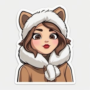 sticker, cartoon cute lady in fur scarf, (white background) 