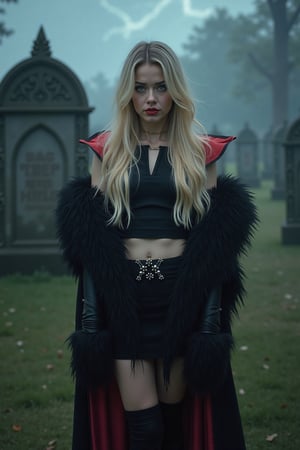 26 year old blonde girl, Instagram influencer, blue eyes, cute, natural beauty, 36b 

Wearing vampire costume, fangs, short skirt, fur shawl, black leggings,

Graveyard scenery, thunder, horror, scary