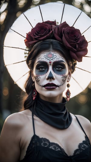 (Best quality, 8k, 32k, Masterpiece, UHD:1.2),   a woman with a black roses on her head, dia de los muertos, dress, red fur scarf and make up, dia de los muertos make up, ((dia de los muertos)), and attractive features, eyes, eyelid,  focus, depth of field, film grain,, ray tracing, ((contrast lipstick)), slim model, detailed natural real skin texture, visible skin pores, anatomically correct, (midnight), moonlight cemetary background,  Catrina,(PnMakeEnh)