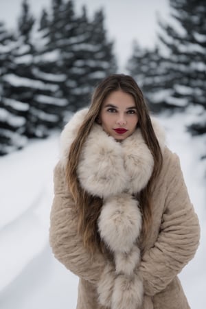 Fur long hoop scarf , female model, winter, snow