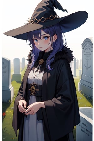 young woman, witch_hat, witch outfit, fur shawl , cemetery