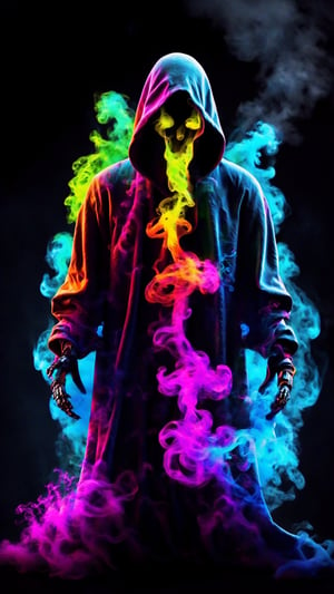 Vibrant colorful ghost made with smoke and a black dark back ground wallpaper ,cyberpunk style