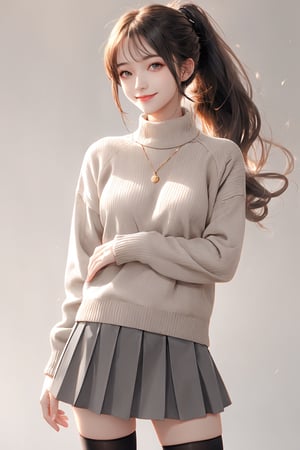 1Girl, high-resolution, smiling, bust, full face, gray long hair, curly hair, ponytail tied, air bangs, women's, beige sweater, skirt, stockings, (pure gray background)