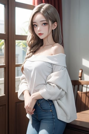 Beautiful 1 woman, 1 woman, beautiful, silver long hair, indoor lighting, side lighting, pure white background, wearing off shoulder shirt, short jeans