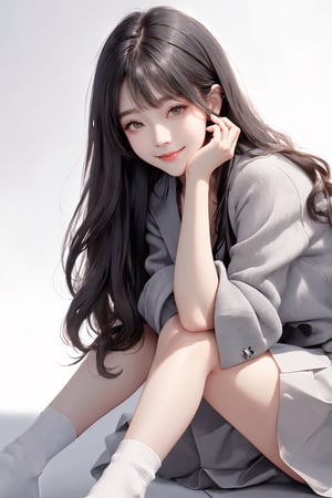 Looking straight at the camera, front, mid range, upper body poster style, casual photo pose, 1Girl, high-resolution, smiling, full face, (gray long hair, curly hair, fluffy, Korean air bangs), women's style, small suit, skirt, long socks, (pure white background)