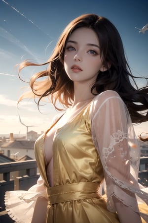 A beautiful woman, a woman, beautiful, pink long curly hair, wearing a light yellow dress, the realm of air, a magical wind environment, air and wind spirits floating around, textured optical fiber octane rendering dynamic posture, volume lighting, perfect shading, unreal engine, realistic ethereal sky