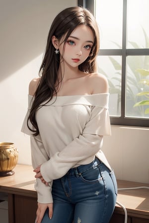 Beautiful 1 woman, 1 woman, beautiful, silver long hair, indoor lighting, side lighting, pure white background, wearing off shoulder shirt, short jeans