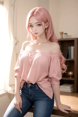 Beautiful 1 woman, 1 woman, beautiful, pink long curly hair, indoor lighting, side lighting, pure white background, wearing off shoulder shirt, ultra short jeans