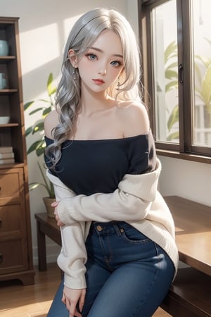 Beautiful 1 woman, 1 woman, beautiful, silver long curly hair, indoor lighting, side lighting, pure white background, wearing off shoulder shirt, short jeans