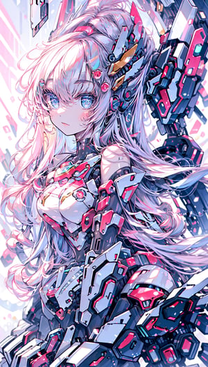 (best quality, masterpiece, colorful, dynamic angle, highest detailed)upper body photo, full body photo, fashion photography of cute  1girl, mechanical arms, cyborg, dark mood, dystopia, glowing, looking at viewer, sitting, long hair, bokeh (intricate details, hyperdetailed:1.15), detailed, light passing through hair, (official art, extreme detailed, highest detailed),mecha,light particles,YAMATO,more detail,full_body_portrait,front-view