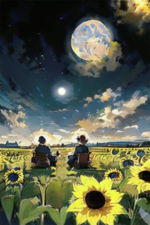 two pixies sitting on red mushrooms in a field of sunflowers,  nightime ,big bright moon,EpicArt
