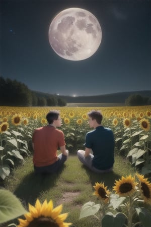 two male pixies sitting on red mushrooms in a field of sunflowers,  nightime ,big bright moon,EpicArt