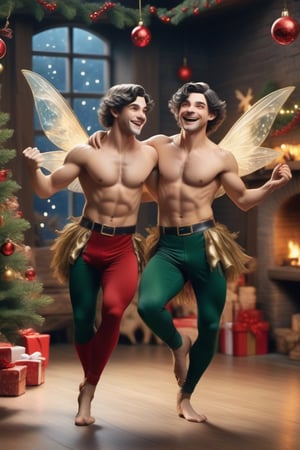 christmas scene with two male fairies dancing, big happy faces, real life, realistic, perfect anatomy, dark hair, one short hair
