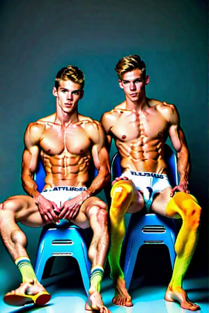 2 athletic lean males models naked, sitting down next to each other, legs open with big erect penis, perfect faces, perfect anatomy, kissing each other