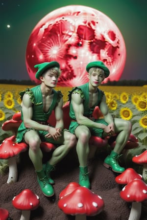 two male pixies dressed in green sitting on red mushrooms in a field of sunflowers,  nightime ,big bright moon,EpicArt ,christmas