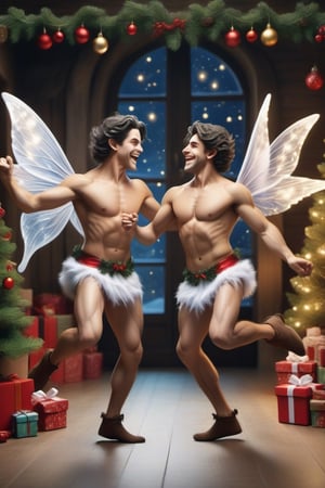 christmas scene with two male fairies dancing, big happy faces, real life, realistic, perfect anatomy, dark hair