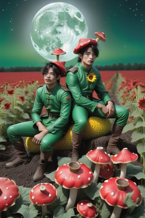 two male pixies dressed in green sitting on red mushrooms in a field of sunflowers,  dark hair, nightime ,big bright moon,EpicArt ,christmas
