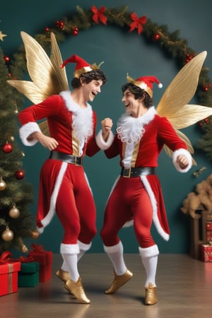 christmas scene with two male fairies dancing, big happy faces, real life, realistic, perfect anatomy, dark hair, one short hair, red and gold costumes

