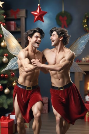 christmas scene with two male fairies dancing, big happy faces, real life, realistic, perfect anatomy, dark hair