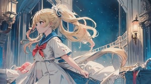 Beautiful girl with blonde hair in a short ponytail, cowboy shot, wearing a short-sleeved sailor suit, masterpiece, best quality, high detail, absurdres, pretty, beautiful color, vivid color, beautiful composition, night, nice lighting, soft light, sparkling, chromatic_aberration, creative background, looking away, rich detail.