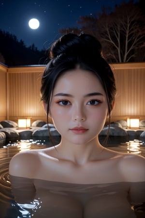 Very Beautiful Japanese Geisha with black eyes and black hair in a bun with background wood adorned onsen , cinematic hd 4k highly detailed at night, moonlight 