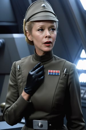 Connie Booth, open mouth O face, touching her throat with black glove, in dark olive gray imperialofficer uniform and small hat, pale white skin, blonde hair in tight bun, black gloves, round perky breasts, close up portrait, masterpiece, photorealistic, Star destroyer sci-fi barracks background, photo r3al, bokeh,photo r3al,more saturation 