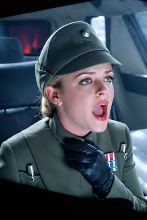 high contrast, (vibrant color:1.4), (muted colors, dim colors, soothing tones:0), cinematic lighting, ambient lighting, sidelighting, Exquisite details and textures, cinematic shot, Warm tone, (Bright and intense:1.2), wide shot

Melissa Joan Hart in dark olive gray imperialofficer uniform and hat, screaming, touching her throat with one hand, black gloves, blonde hair in bun, placing her hand on her collar, hand on neck, hand under chin,