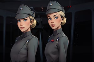 2_girls blonde and brunette, in dark olive gray imperialofficer uniform, tunic, and full hat, bright eyes, hair in bun, round perky breasts, skinny fit feminine body, masterpiece, photorealistic, Star destroyer sci-fi barracks, photo r3al, bokeh, more saturation,imperialofficer uniform,white imperialofficer uniform,veronica,Disneystyler,betty