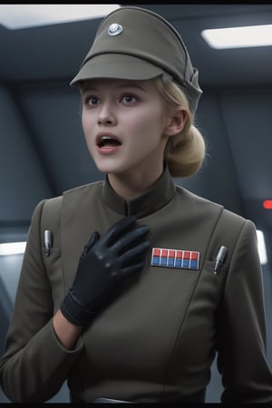 Blonde woman, sad scared frightened nervous, mouth open O face scream, in dark olive gray imperialofficer uniform and hat with disc, pale white skin, freckles, blonde hair in small tight donut bun, black gloves with 5 fingers, small slender feminine hand, round perky breasts, close up portrait, masterpiece, photorealistic, Star destroyer sci-fi barracks background, photo r3al, bokeh,photo r3al,more saturation 