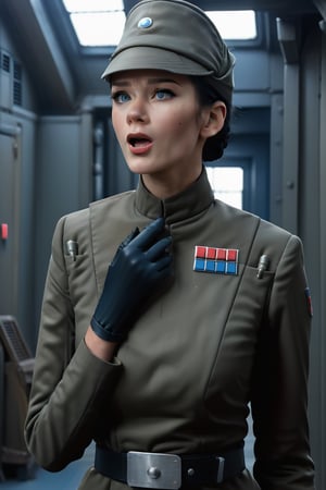 Tall skinny 1girl touching her throat screaming, in olive gray imperialofficer uniform and hat, black hair in tight bun, freckles, black gloves and belt, blue eyes, masterpiece, photorealistic, sci-fi barracks background,photo r3al