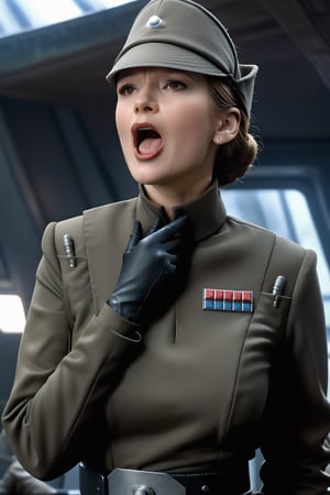 Phillipa Gail, touching her throat, placing hand on neck collar, fingers on collar, fingers around neck, mouth open wide o shape, in dark olive gray imperialofficer uniform and hat, pale white skin, wide mouth, brown hair in tight bun, black gloves and belt, round perky breasts, thin waist, thin fit body, masterpiece, photorealistic, Star destroyer sci-fi barracks background, photo r3al, bokeh,photo r3al