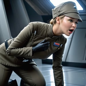 1girl Jennifer Lawrence touching her throat with 1 hand, on her knees, looking up, mouth open o face moaning, eyes rolling back, in dark olive gray imperialofficer uniform, tunic, pants, and full hat, pale white skin, freckles, blonde hair pulled back in tight bun, black gloves, and boots, round perky breasts, fit skinny body, close up portrait, masterpiece, photorealistic, Star destroyer sci-fi barracks metal floor background, photo r3al, bokeh,photo r3al,more saturation 