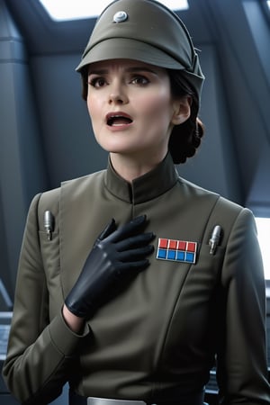 1girl Michelle Dockery, touching her throat with one hand, screaming, in dark olive gray imperialofficer uniform and full hat, pale white skin,, black hair in tight bun, black gloves, round perky breasts, fit skinny body, close up portrait, masterpiece, photorealistic, metal Star destroyer control room, sci-fi barracks, portrait, photo r3al, bokeh,photo r3al,more saturation 